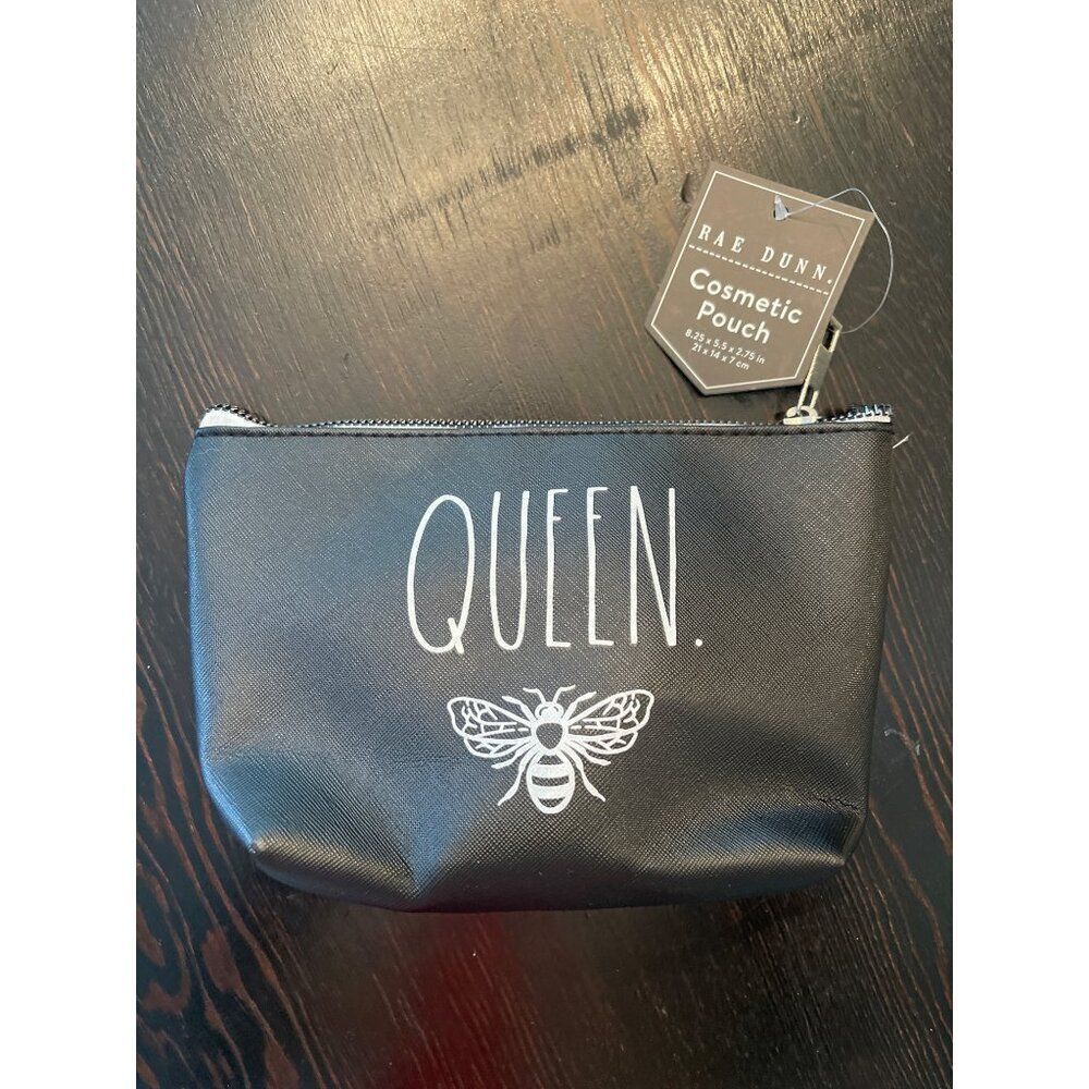 Rae Dunn NWT Queen Bee Cosmetic Pouch 8.25"x5.5"x2.75" PVC & Polyester, Black